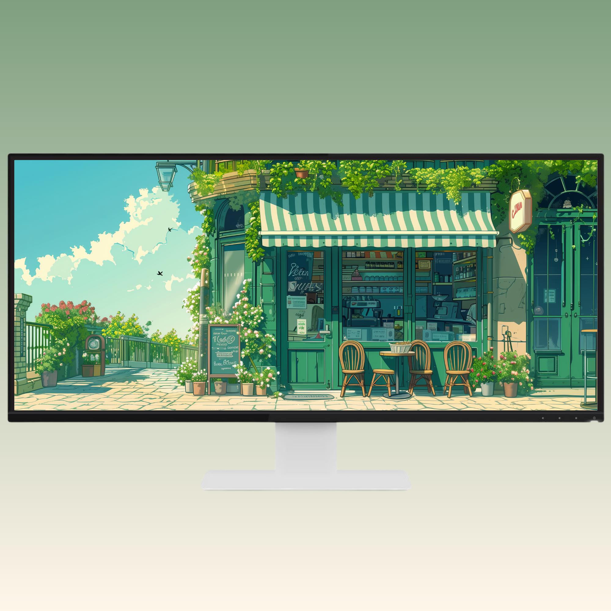 Cozy Green Cafe Ultrawide Wallpaper Lofi Desktop Wallpaper Studio ...