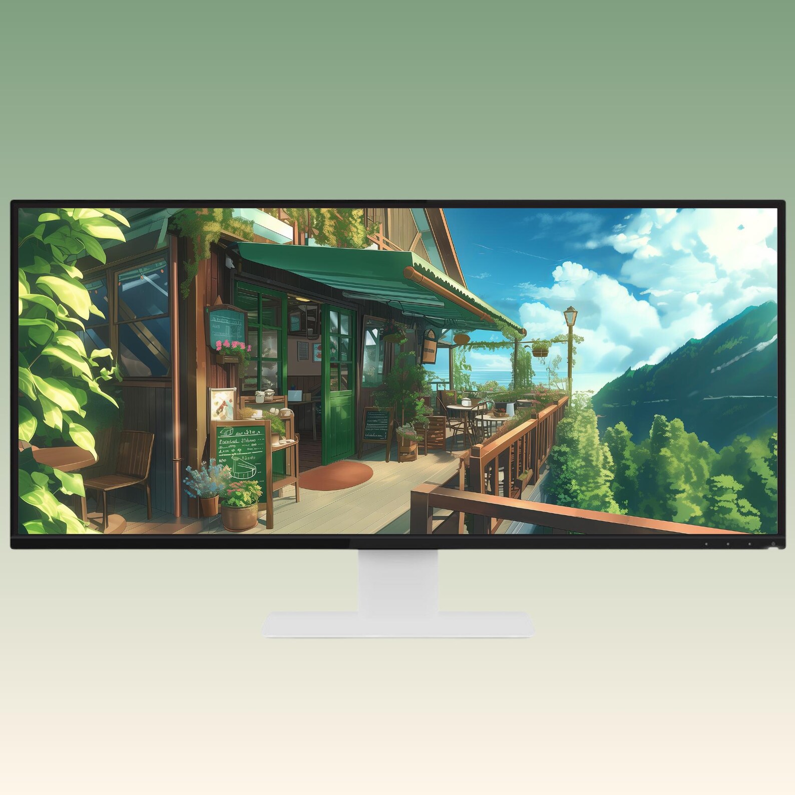 Cozy Green Cafe Ultrawide Wallpaper Lofi Desktop Wallpaper Studio ...