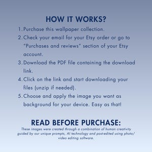 May include: A blue gradient background with white text detailing the steps to download a wallpaper collection. The text includes instructions on purchasing, checking email, downloading a PDF, and applying the image as a device background.