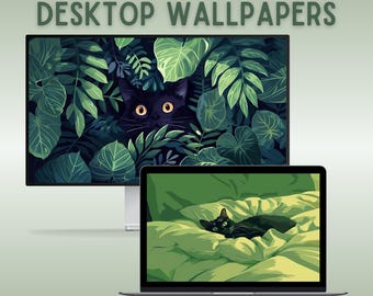 Zwarte katten bureaubladachtergrond kat laptop behang lofi macbook behang ghibli kattenbehang zwarte kattenbehang kawaii groen behang