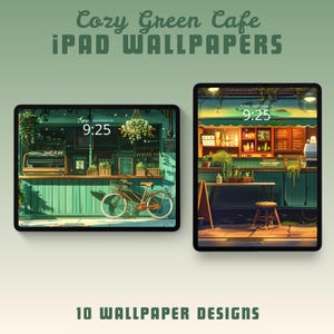 Cozy green cafe ipad wallpaper ipad background studio ghibli inspired tablet wallpaper anime wallpaper whimsical wallpaper green wallpaper