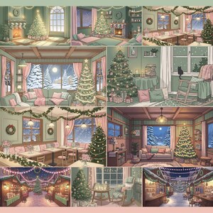 cozy Christmas-themed desktop wallpapers featuring warm, hand-drawn style interiors decorated with pastel holiday decors, Christmas trees, and softly glowing lights