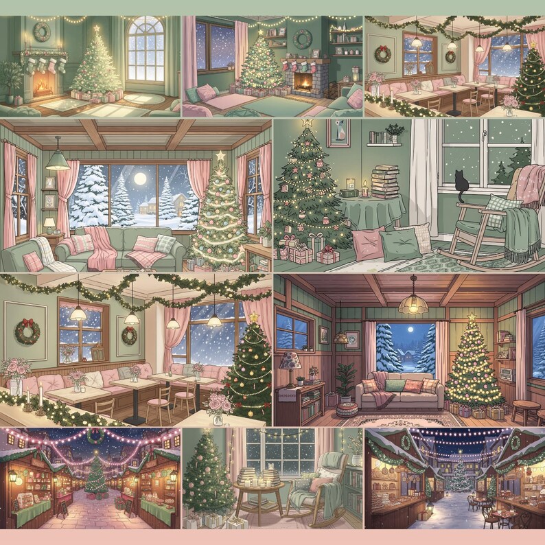 cozy Christmas-themed desktop wallpapers featuring warm, hand-drawn style interiors decorated with pastel holiday decors, Christmas trees, and softly glowing lights