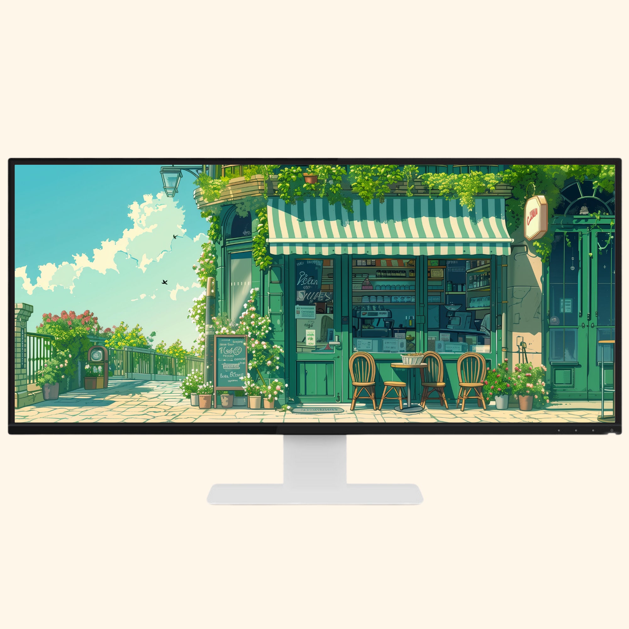 Cozy Green Cafe Ultrawide Wallpaper Lofi Desktop Wallpaper Studio ...