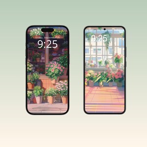Digital iPhone wallpapers inspired by a cozy flower shop, featuring beautifully arranged bouquets, vintage vases, and charming shop interiors filled with fresh blooms.