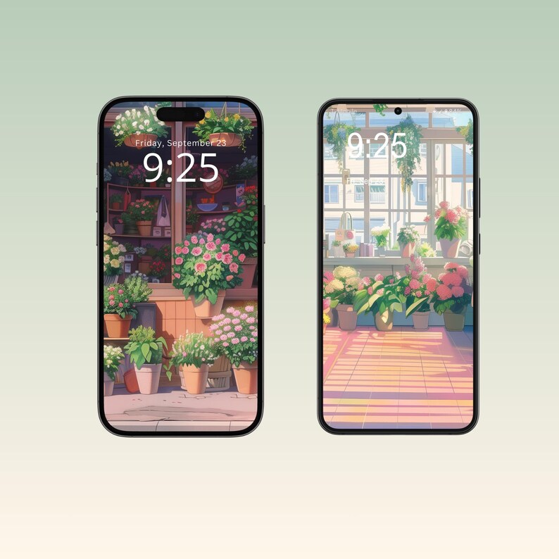 Digital iPhone wallpapers inspired by a cozy flower shop, featuring beautifully arranged bouquets, vintage vases, and charming shop interiors filled with fresh blooms.