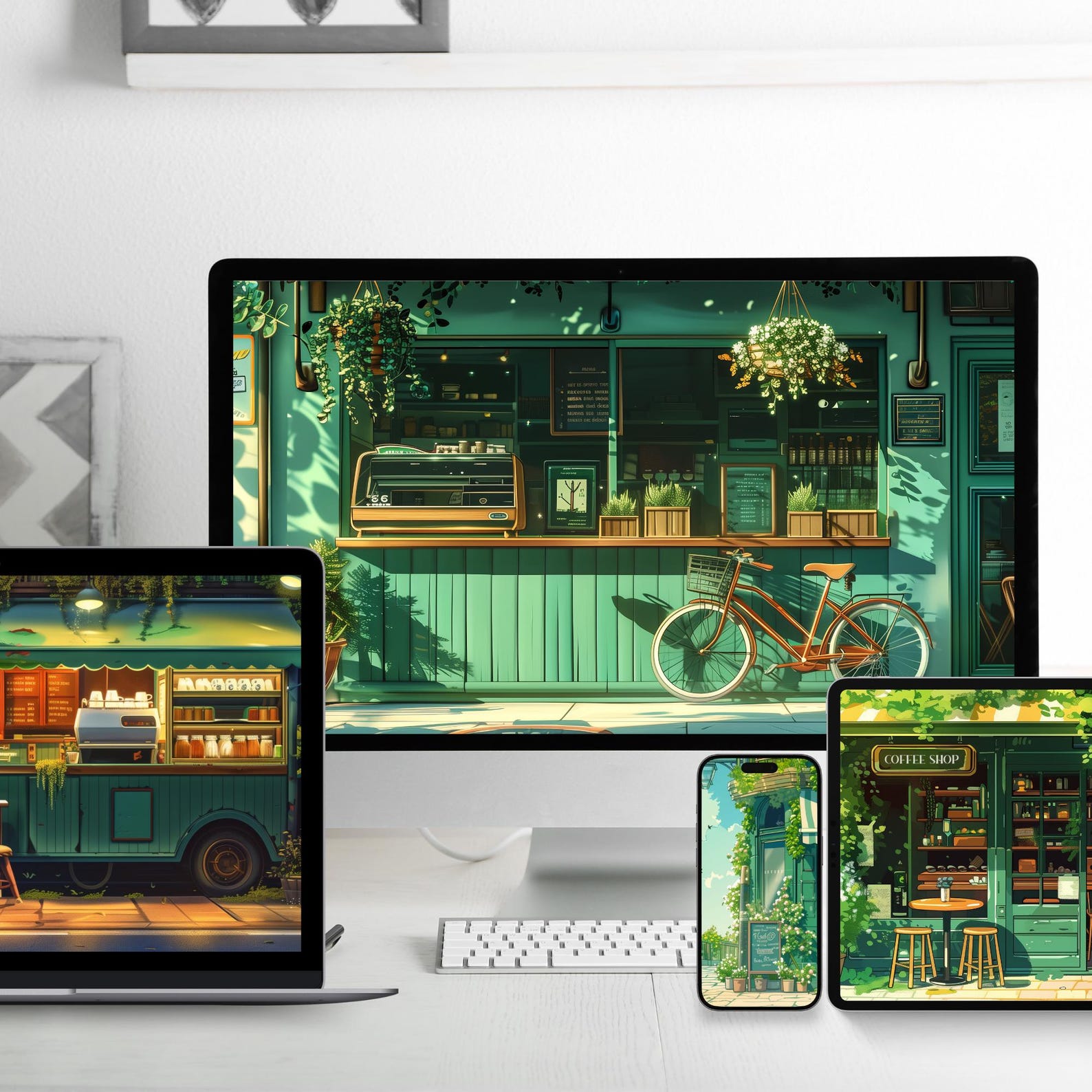 Cozy Green Cafe Wallpaper Bundle Lofi Desktop Wallpaper Ultrawide ...