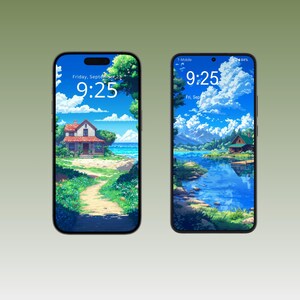 Op de afbeelding: Twee smartphones met landschapskunst op hun schermen. E&eacute;n toont een huis aan zee, de andere een meerlandschap. Beide schermen tonen de tijd als 9:25 uur en de datum, vrijdag 23 september.