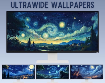 Starry night inspired ultrawide wallpaper desktop wallpaper dark wallpaper ultra wide wallpaper whimsical wallpaper lofi pc wallpaper