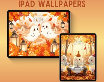 Fondo de pantalla de Halloween Kawaii para iPad: Fondo de otoño para tablet (Descarga digital)