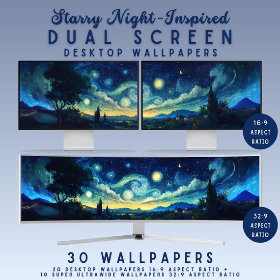 Dual screen wallpaper starry night inspired desktop wallpaper super ultrawide wallpaper dual screen mac wallpaper lofi dark wallpaper