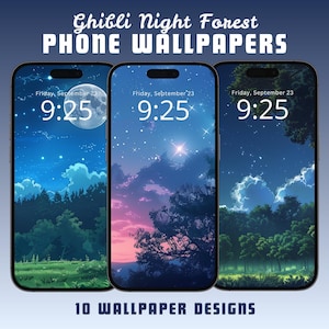 Fondo de pantalla para móvil de Ghibli Night Forest, fondo de pantalla lofi para iPhone y Android, fondo de pantalla de anime, fondo de pantalla caprichoso, descarga de fondo de pantalla para iPhone