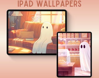 Lindo fondo de pantalla de Halloween para iPad, fondo de pantalla lofi para iPad, fondo de pantalla para tablet, lindo fondo de pantalla de Halloween, fondo de pantalla de fantasmas espeluznantes, fondo de pantalla retro rosa