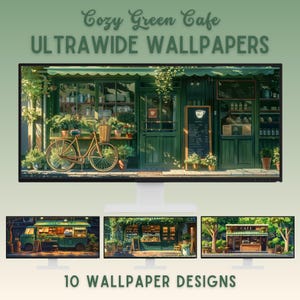 Cozy green cafe ultrawide wallpaper lofi desktop wallpaper studio ghibli inspired desktop background anime wallpaper whimsical wallpaper