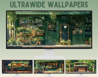 Cozy green cafe ultrawide wallpaper lofi desktop wallpaper studio ghibli inspired desktop background anime wallpaper whimsical wallpaper