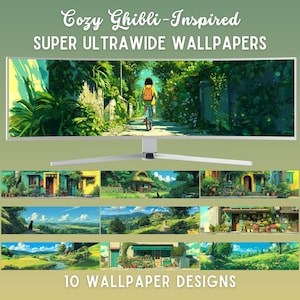 Fondo de pantalla súper ultra ancho inspirado en Ghibli, fondo de pantalla súper ultra ancho de anime, fondo de pantalla verde para escritorio, fondo de pantalla verde para PC, fondo de pantalla lofi
