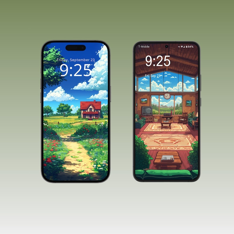 Op de afbeelding: Twee smartphones met digitale kunstachtergronden. E&eacute;n toont een landschap met een rood huis, de andere een woonkamer. Beide schermen tonen de tijd 9:25 uur en de datum, vrijdag 23 september.
