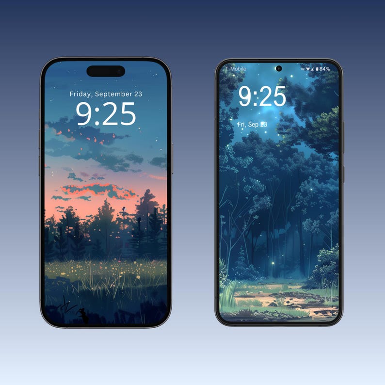 Op de afbeelding: Twee afbeeldingen van een smartphone die een bos sc&egrave;ne weergeeft. De eerste afbeelding toont een zonsondergang boven een bos met de tijd 9:25 weergegeven op het scherm. De tweede afbeelding toont een donker bos 's nachts met de tijd 9:25 weergegeven op het scherm.