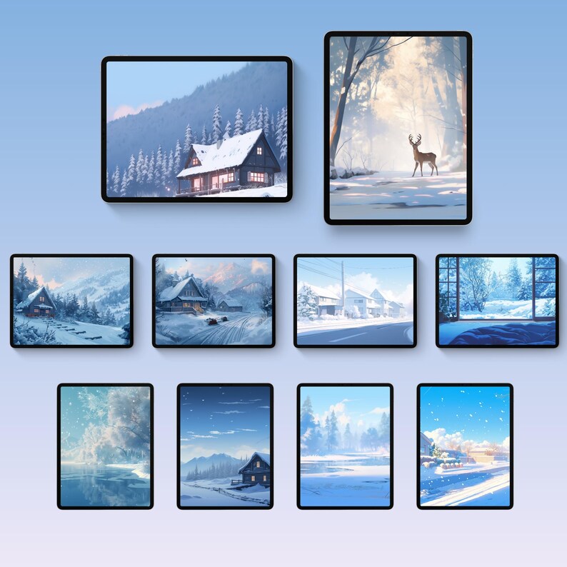 Winter collection of wallpapers featuring serene snowy landscapes, frosty forests and cozy cabins. Each wallpaper captures the peaceful and cold beauty of the winter season, with cool tones of blue, white, and gray.