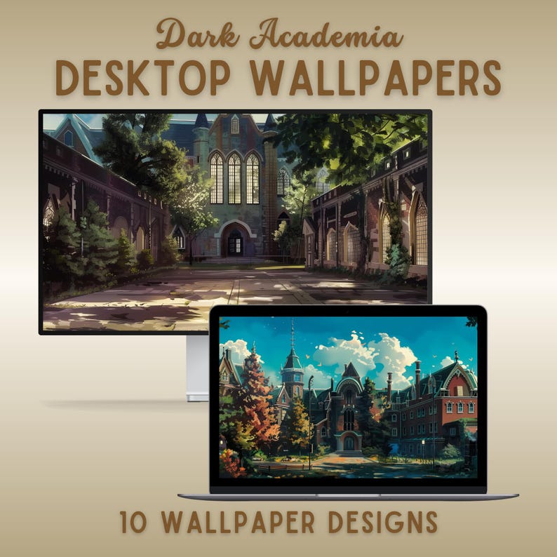 Dark academia–inspired desktop wallpaper collection featuring gothic libraries, ivy-covered courtyards, grand university halls, and autumnal campuses with warm lighting, vintage architecture, and a moody scholarly atmosphere.