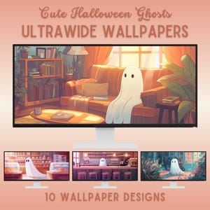 Puede incluir: Un monitor de ordenador muestra una ilustración digital de un fantasma de dibujos animados en un salón. También se ve el texto "Cute Halloween Ghosts Ultrawide Wallpapers" y "10 Wallpaper Designs".