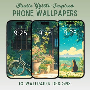 May include: Three smartphones displaying Studio Ghibli-inspired phone wallpapers. Each screen shows a different nature scene with a time display of 9:25. The top text reads "Studio Ghibli-Inspired PHONE WALLPAPERS". The bottom text reads "10 WALLPAPER DESIGNS".