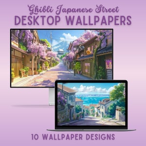 Ghibli inspired japanese street desktop wallpaper laptop wallpaper macbook wallpaper anime wallpaper desktop background whimsical wallpaper