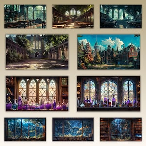 Dark academia–inspired desktop wallpaper collection featuring gothic libraries, ivy-covered courtyards, grand university halls, and autumnal campuses with warm lighting, vintage architecture, and a moody scholarly atmosphere.