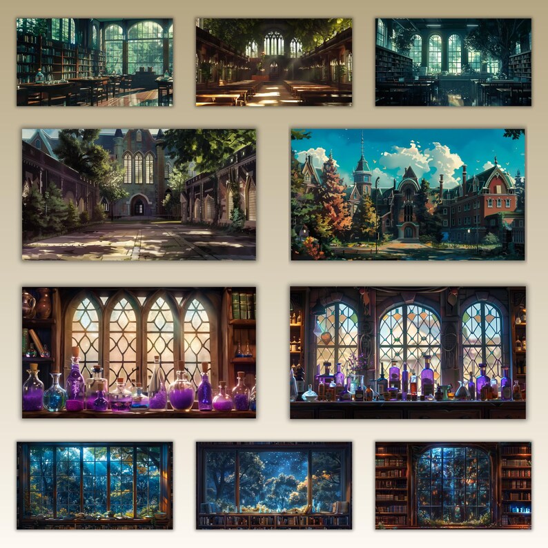 Dark academia–inspired desktop wallpaper collection featuring gothic libraries, ivy-covered courtyards, grand university halls, and autumnal campuses with warm lighting, vintage architecture, and a moody scholarly atmosphere.