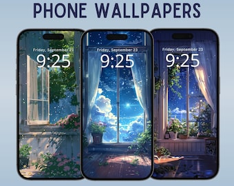 Sfondo per cellulare con finestra a tema notte stellata, lofi, sfondo per iPhone e Android, sfondo anime, sfondo stravagante, download di sfondi per iPhone