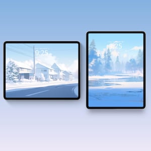 Winter collection of wallpapers featuring serene snowy landscapes, frosty forests and cozy cabins. Each wallpaper captures the peaceful and cold beauty of the winter season, with cool tones of blue, white, and gray.