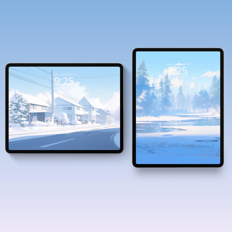Winter collection of wallpapers featuring serene snowy landscapes, frosty forests and cozy cabins. Each wallpaper captures the peaceful and cold beauty of the winter season, with cool tones of blue, white, and gray.