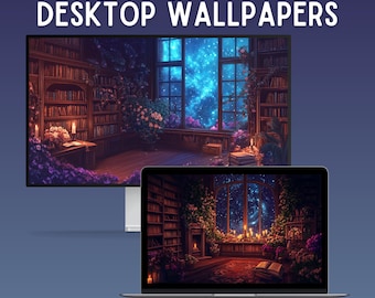 Fondo de pantalla de escritorio de biblioteca mágica y acogedora, fondo de pantalla inspirado en Velaris, fondo de pantalla acogedor para portátil, fondo de pantalla de biblioteca para MacBook, fondo de pantalla oscuro para Mac.