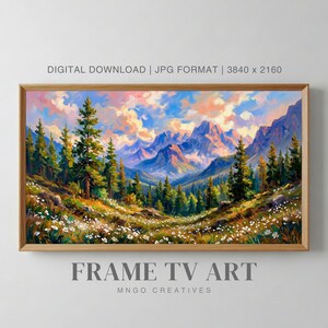 May include: A framed landscape painting depicts a mountain range under a colorful sky. The artwork features a valley with green trees and white flowers. The text "DIGITAL DOWNLOAD | JPG FORMAT | 3840 x 2160" and "FRAME TV ART" are visible.