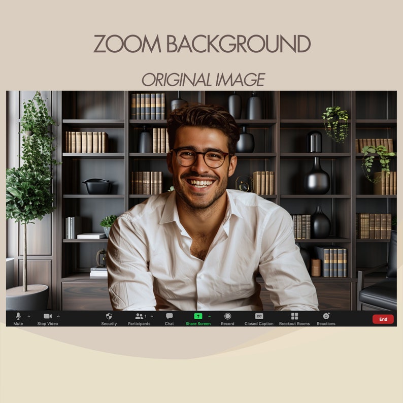A dark, rich wooden bookshelf filled with books and decor, creating a classic, scholarly atmosphere for your Zoom virtual meetings.