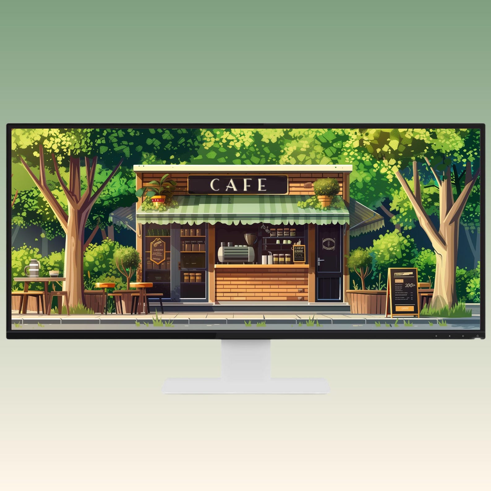 Cozy Green Cafe Ultrawide Wallpaper Lofi Desktop Wallpaper Studio ...