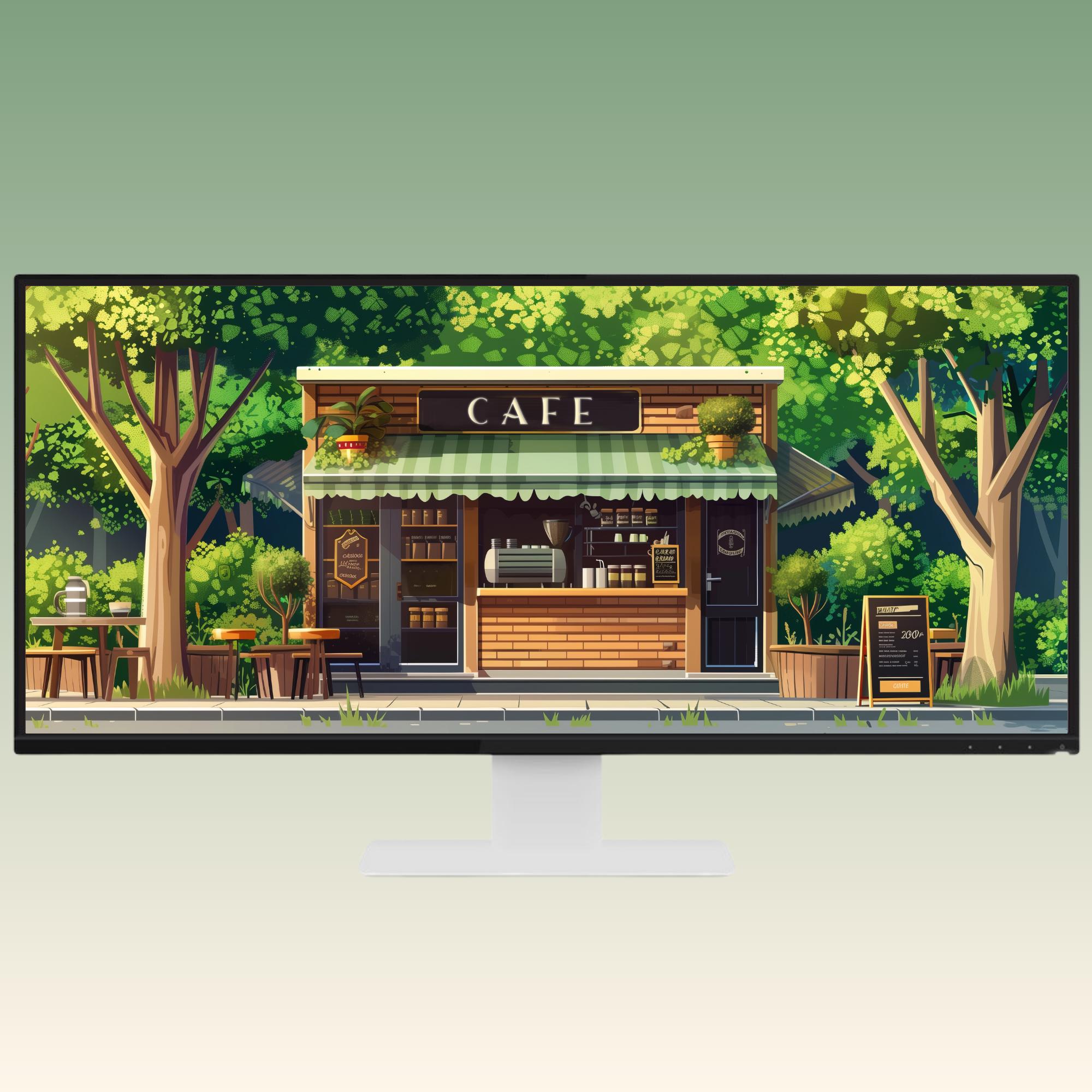 Cozy Green Cafe Ultrawide Wallpaper Lofi Desktop Wallpaper Studio ...