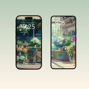 Digital iPhone wallpapers inspired by a cozy flower shop, featuring beautifully arranged bouquets, vintage vases, and charming shop interiors filled with fresh blooms.