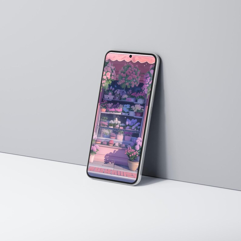 Digital iPhone wallpapers inspired by a cozy flower shop, featuring beautifully arranged bouquets, vintage vases, and charming shop interiors filled with fresh blooms.