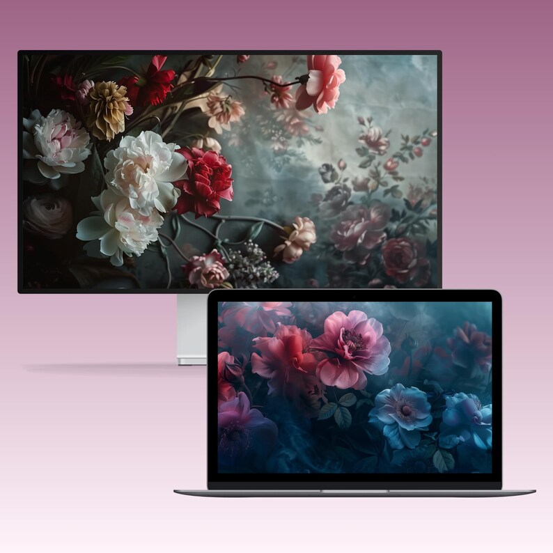 A set of dark, moody floral desktop wallpapers featuring richly detailed blossoms in deep, dramatic tones. The collection includes close-up compositions of roses, anemones, and layered petals in shades of crimson, blush pink, ivory, and cool blue, set against shadowy foliage. Soft lighting and subtle highlights create a cinematic, almost velvety texture, with hints of mist and glow adding depth and atmosphere.