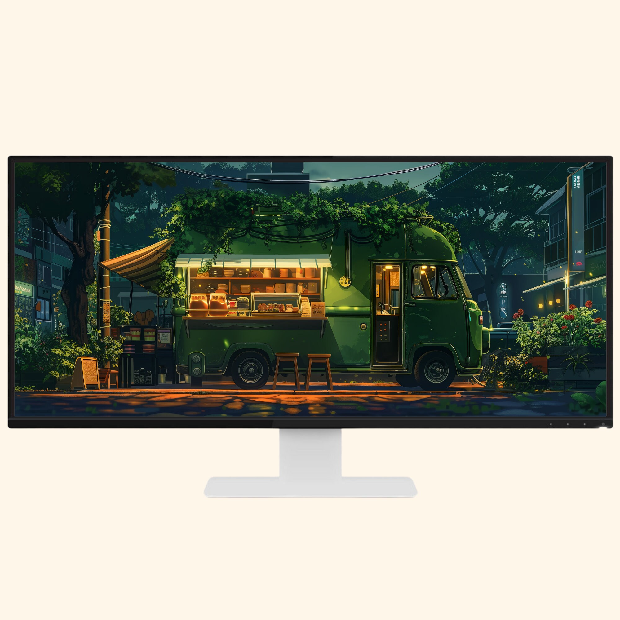 Cozy Green Cafe Ultrawide Wallpaper Lofi Desktop Wallpaper Studio ...