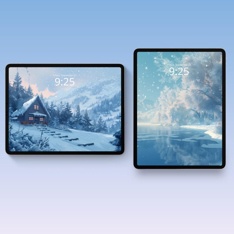 Winter collection of wallpapers featuring serene snowy landscapes, frosty forests and cozy cabins. Each wallpaper captures the peaceful and cold beauty of the winter season, with cool tones of blue, white, and gray.