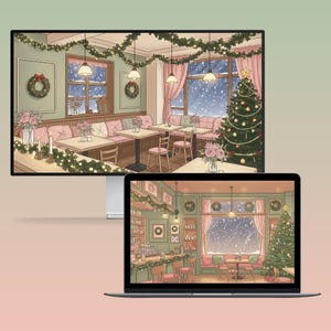 cozy Christmas-themed desktop wallpapers featuring warm, hand-drawn style interiors decorated with pastel holiday decors, Christmas trees, and softly glowing lights