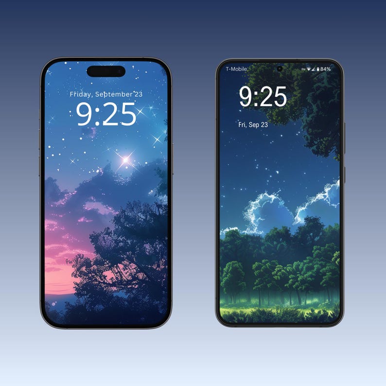 Op de afbeelding: Twee smartphone-vergrendelschermen met een nachtelijke hemel als achtergrond. Het eerste scherm toont een roze en blauwe zonsondergang met sterren en een heldere ster in het midden. Het tweede scherm toont een donkerblauwe hemel met sterren en wolken boven een bos. Beide schermen tonen de tijd 9:25.