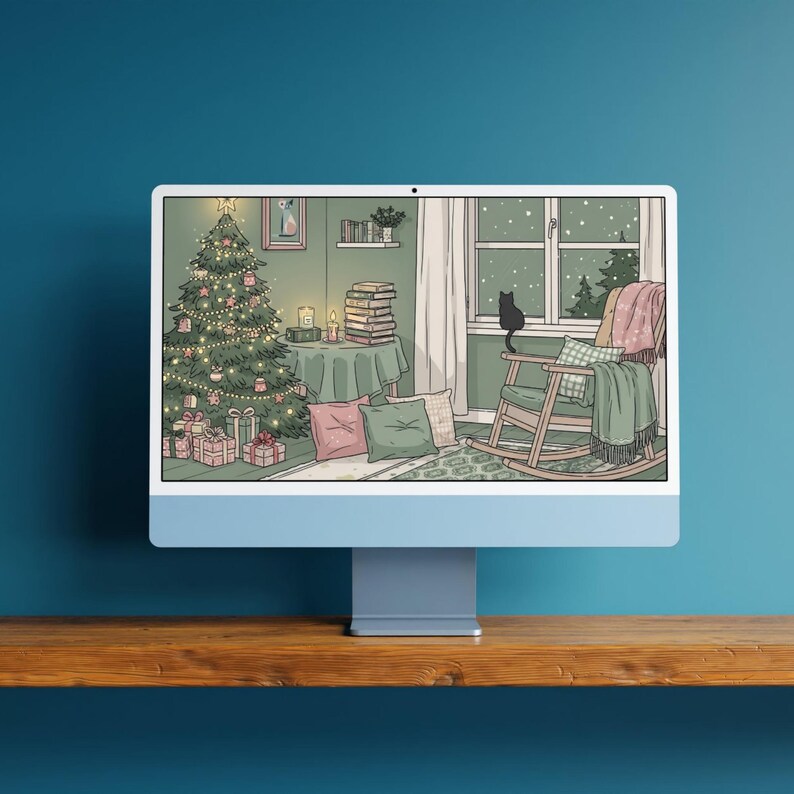 cozy Christmas-themed desktop wallpapers featuring warm, hand-drawn style interiors decorated with pastel holiday decors, Christmas trees, and softly glowing lights