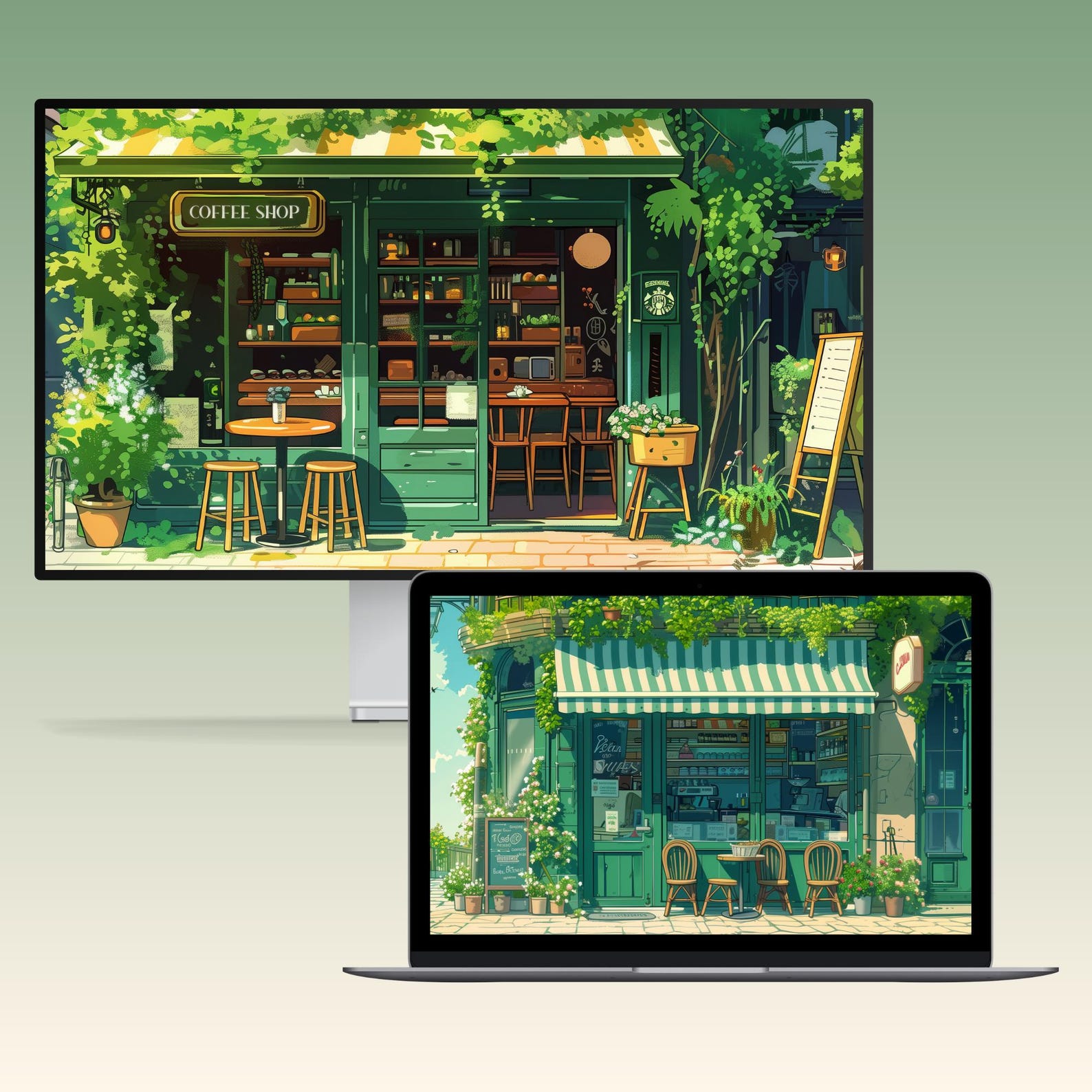 Cozy Green Cafe Wallpaper Laptop Wallpaper MacBook Wallpaper Anime ...