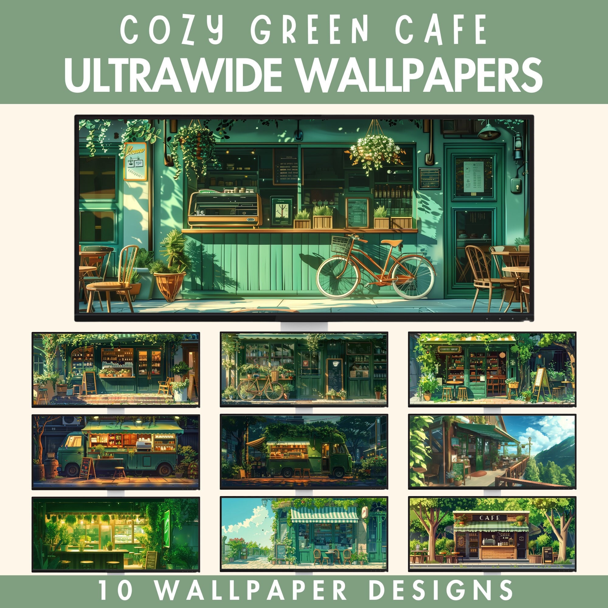 Cozy Green Cafe Ultrawide Wallpaper Lofi Desktop Wallpaper Studio ...