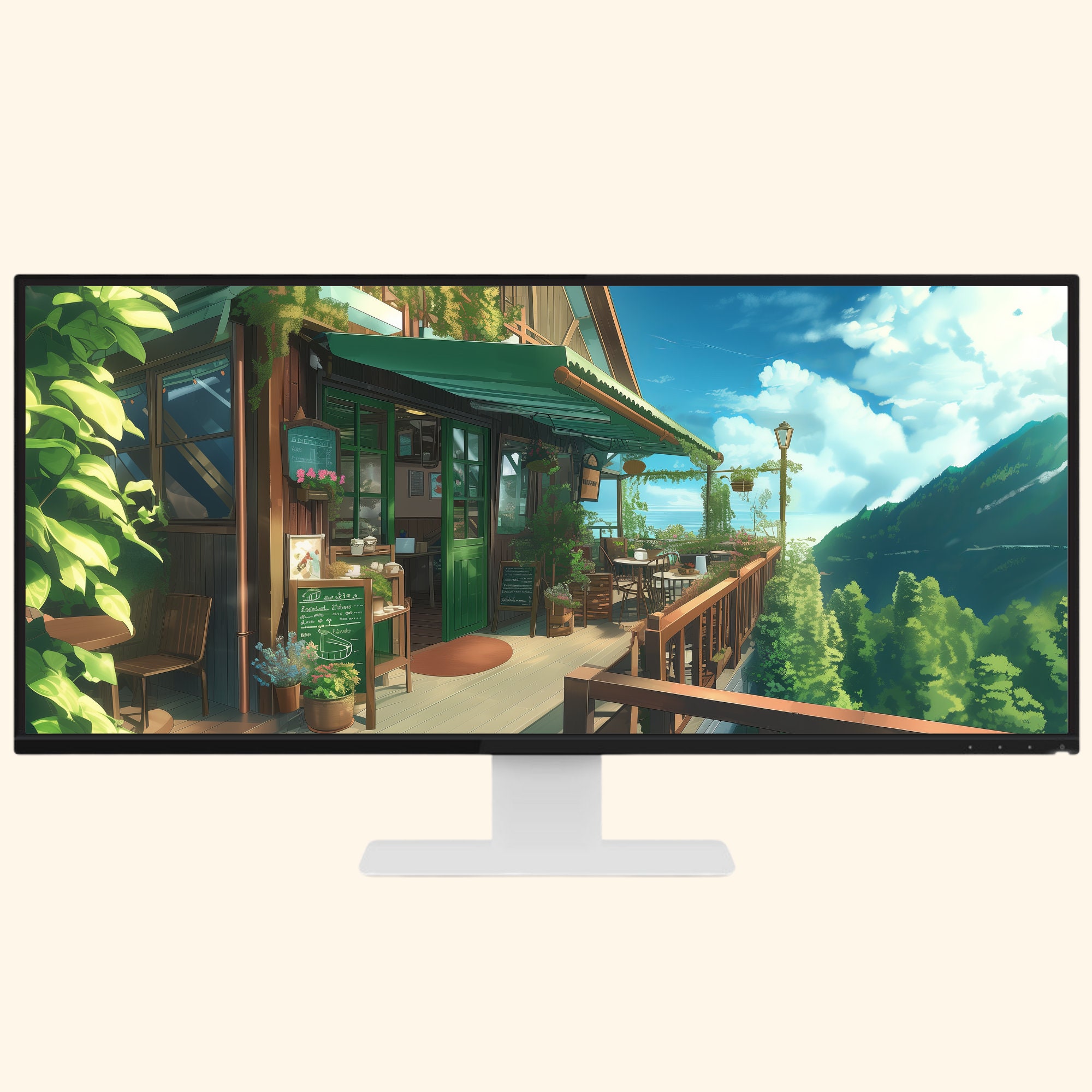 Cozy Green Cafe Ultrawide Wallpaper Lofi Desktop Wallpaper Studio ...