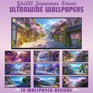 Ghibli inspired japanese street ultrawide wallpaper desktop wallpaper studio ghibli desktop background anime wallpaper whimsical wallpaper
