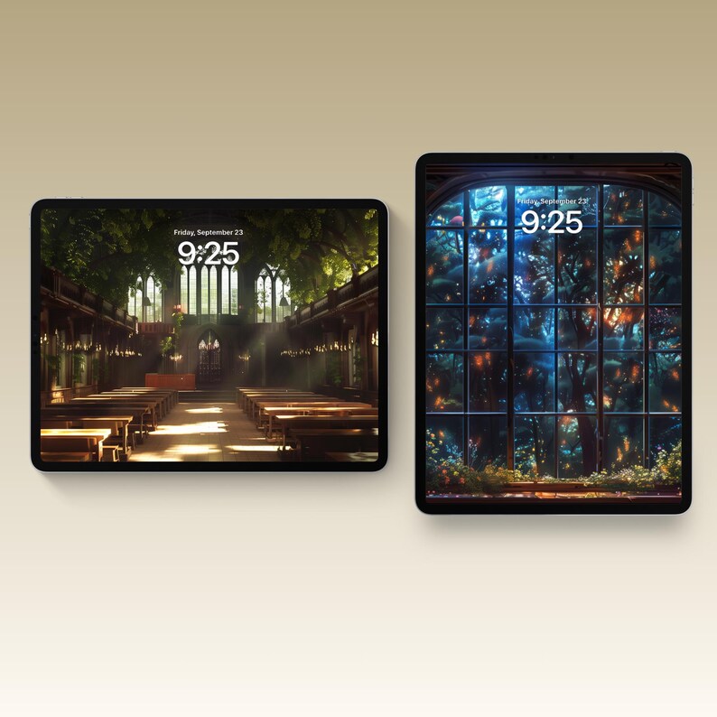 Dark academia–inspired iPad wallpaper collection featuring gothic libraries, ivy-covered courtyards, grand university halls, and autumnal campuses with warm lighting, vintage architecture, and a moody scholarly atmosphere.